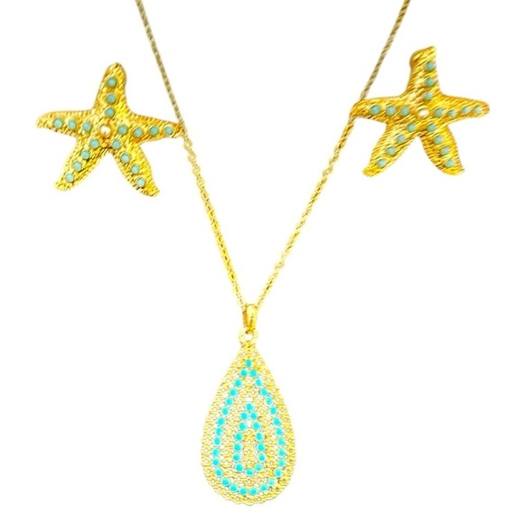 Lilly Pulitzer gold tone & turquoise necklace & pierced starfish earrings set - Picture 4 of 8
